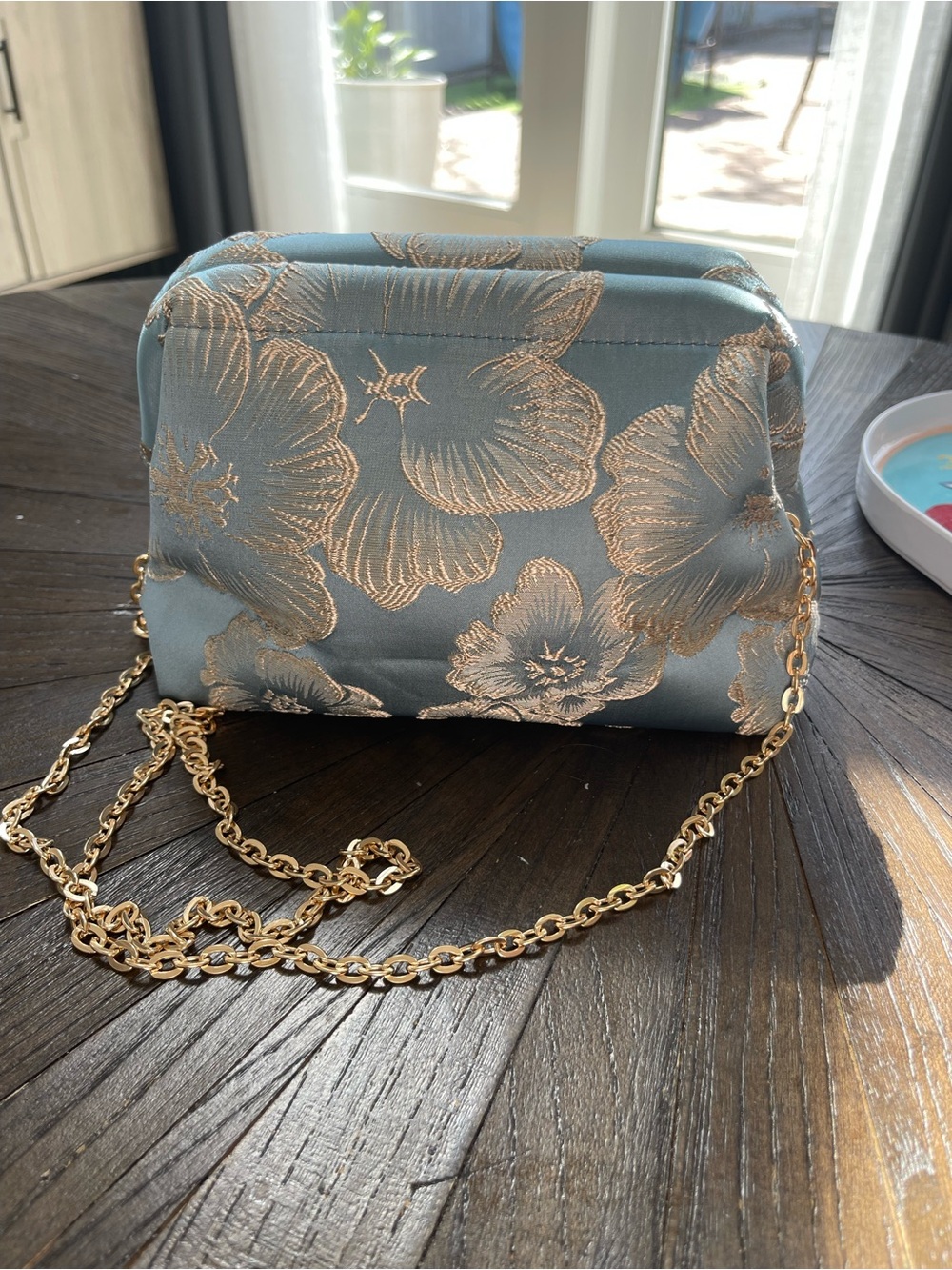 Elegant Blue Floral Satin Crossbody Bag with Gold Chain